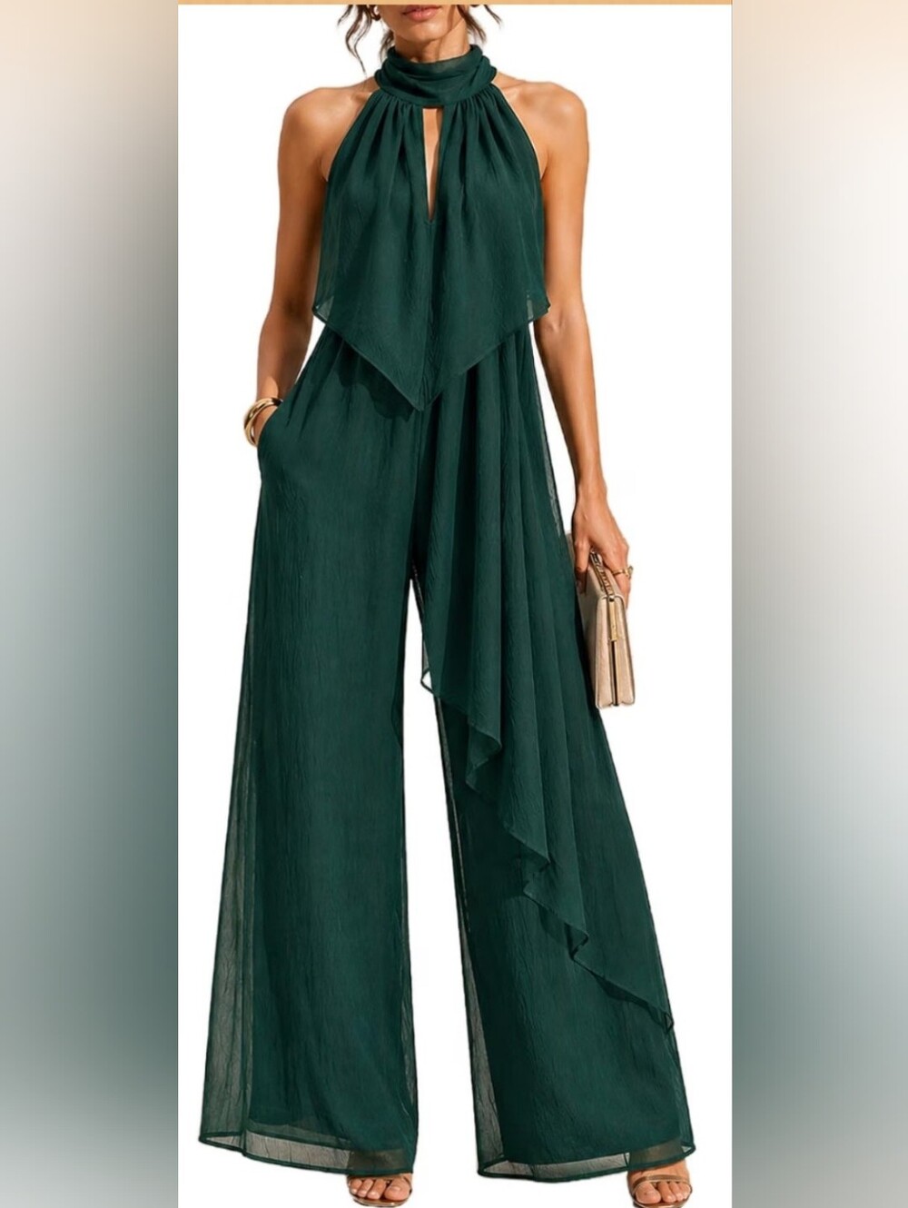 NWT Emerald Green Chiffon Halter Wide Leg Jumpsuit XL - Picture 3 of 3